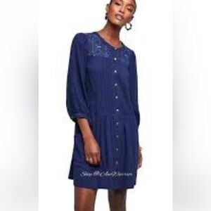 EUC ANTHROPOLOGIE Dubois Navy Embroidered Cross-stitched  Pin tucked Dress 8